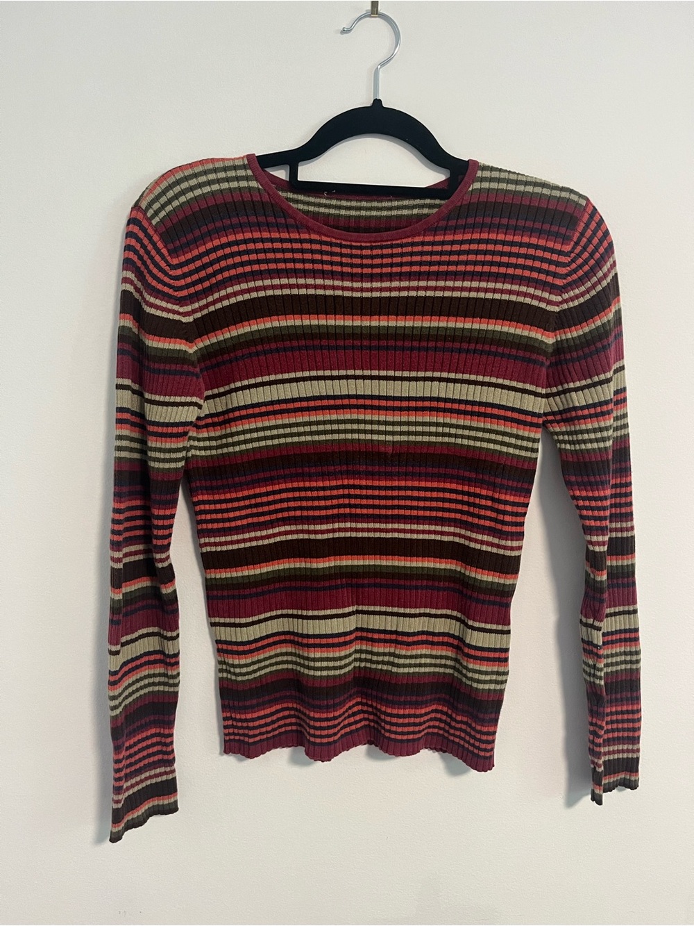 90’s Striped Ribbed Long-Sleeve Thin Knit Sweater - Multicolor